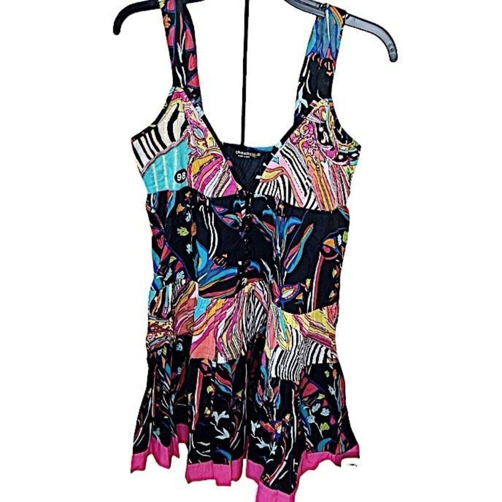 Chaudry KC Boho Bright Colored Patchwork Mini Dress Sleeveless Size Small New